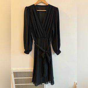 Vintage V-Neck Black Satin Chiffon A-Line Slip On Belted Dress Sz Medium